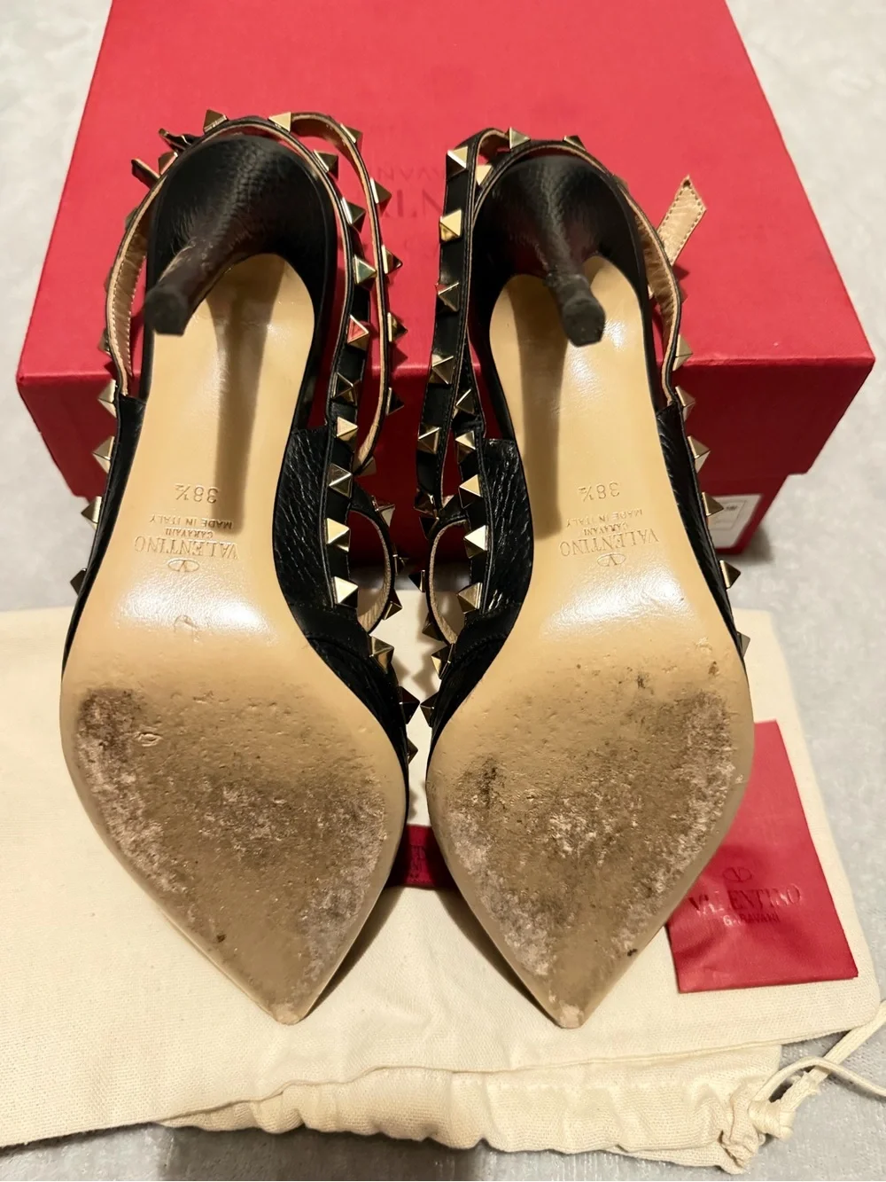 Valentino Black Leather Rockstud T-Strap Pointed Pumps
